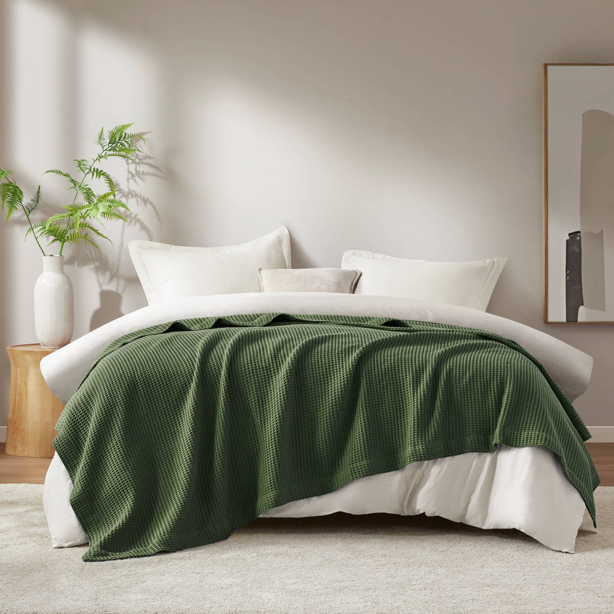 Waffle Weave - King Cotton Blanket - Olive Green