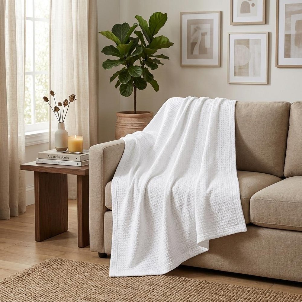 King White Cotton Waffle Weave Honeycomb Blanket