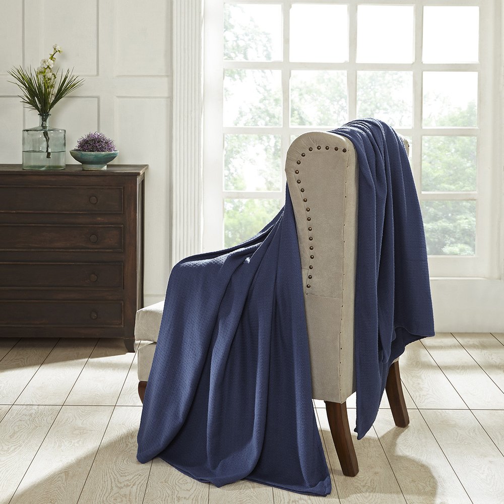 Twin Navy Blue Cotton Waffle Weave Blanket