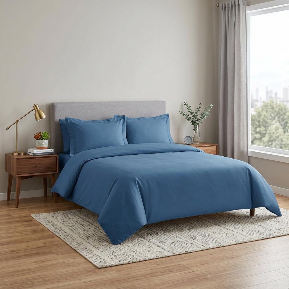 Blue Twin Cotton Blend Washable Duvet Cover Set With Sham