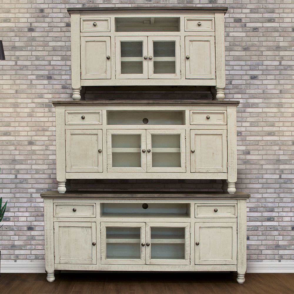 70" Ivory Solid Wood Enclosed Storage Distressed TV Stand