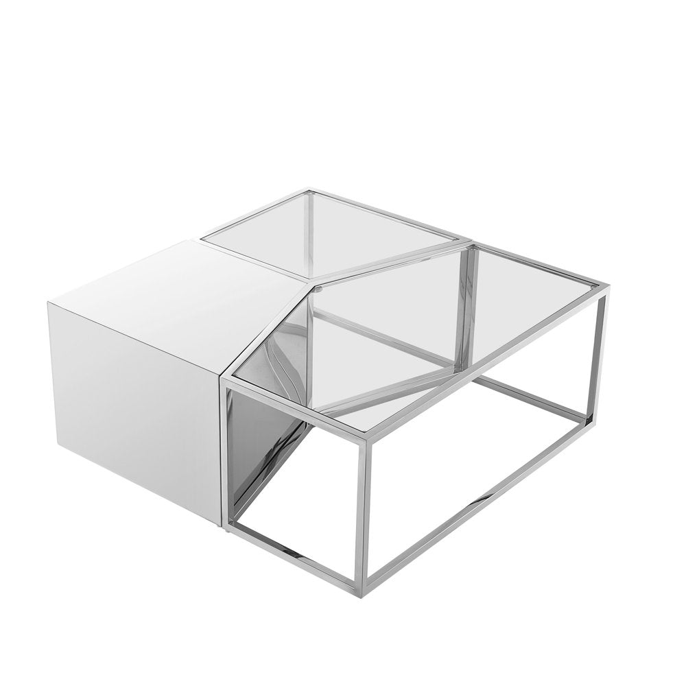 Set of Three 37" Clear And Silver Glass  Stainless Steel Square Mirrored Bunching Coffee Tables