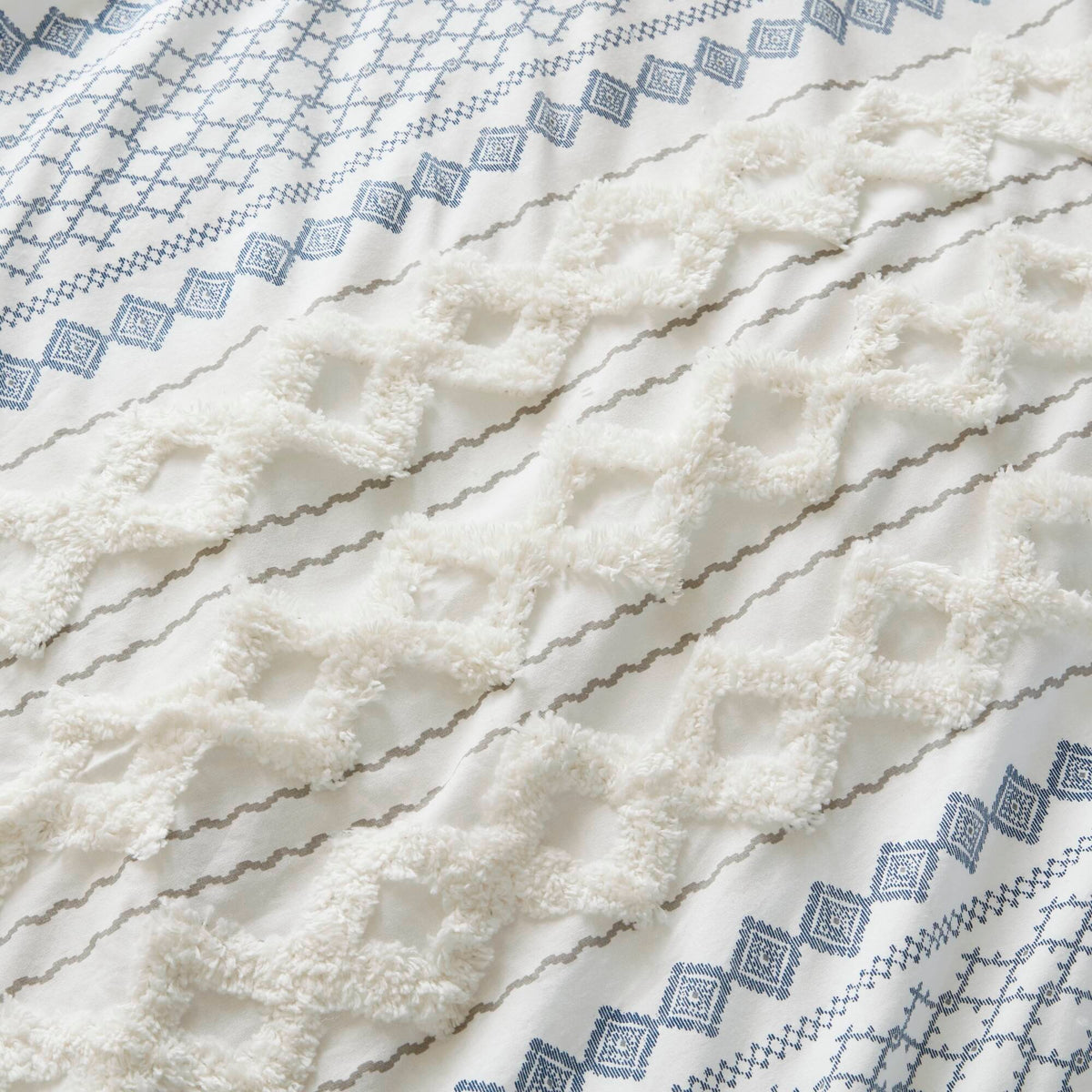 Imani - Cotton Printed Duvet Cover Set With Chenille - White / Navy