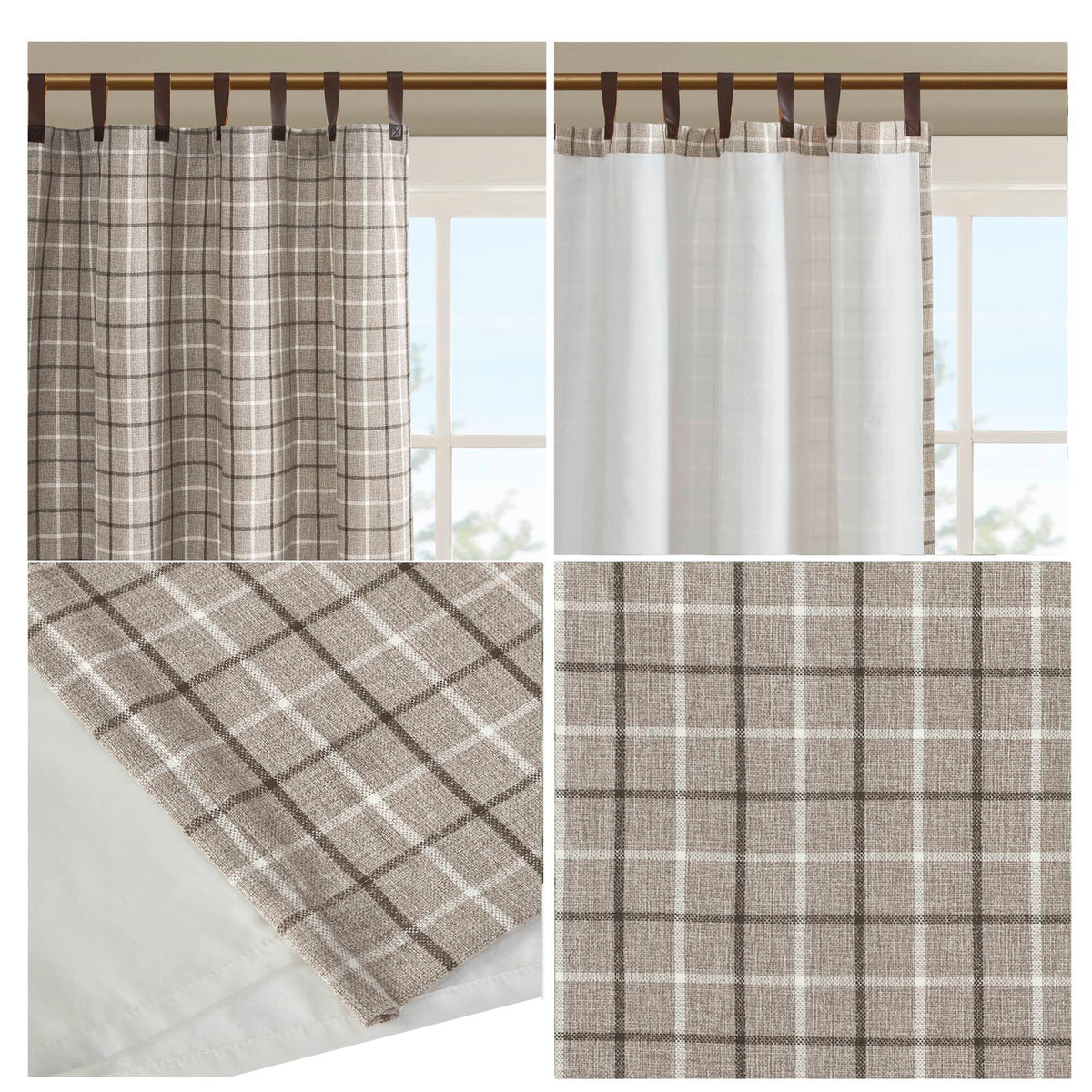 Anaheim - 50"x 95" Plaid Faux Leather Tab Top Curtain Panel With Fleece Lining - Brown