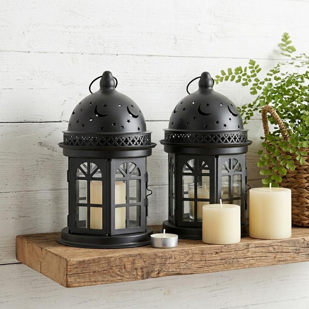 Set of Two Black Metal Celestial Tabletop Lantern Candle Holders