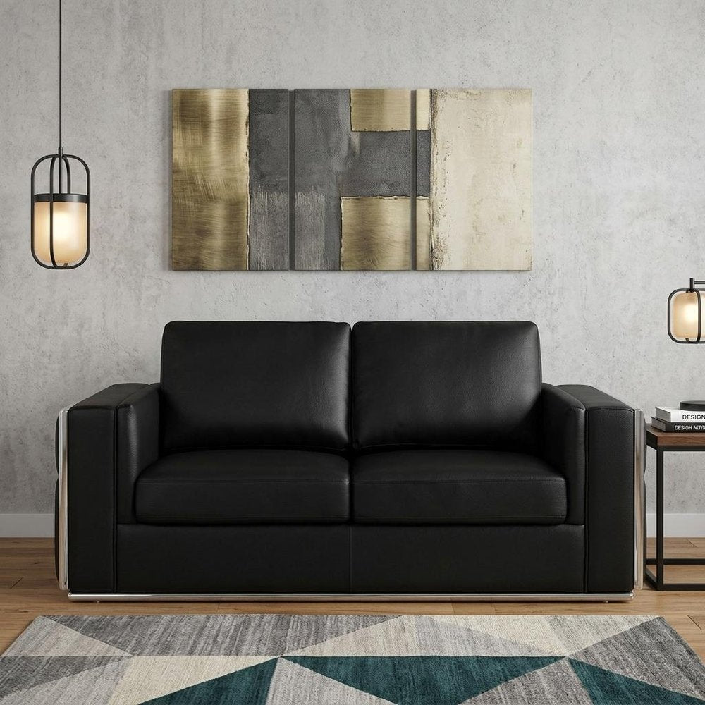 73" Black And Silver Metallic Top Grain Leather Loveseat