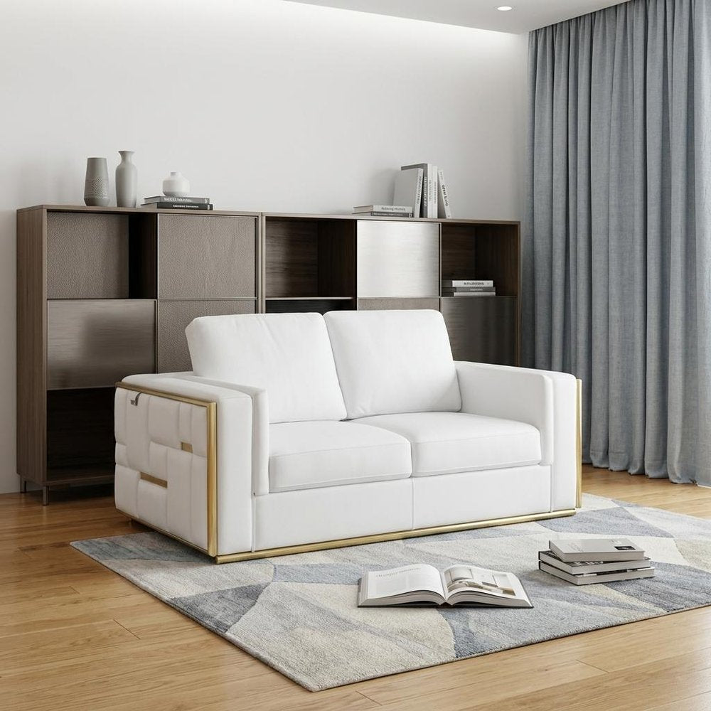 73" White And Silver Metallic Top Grain Leather Loveseat