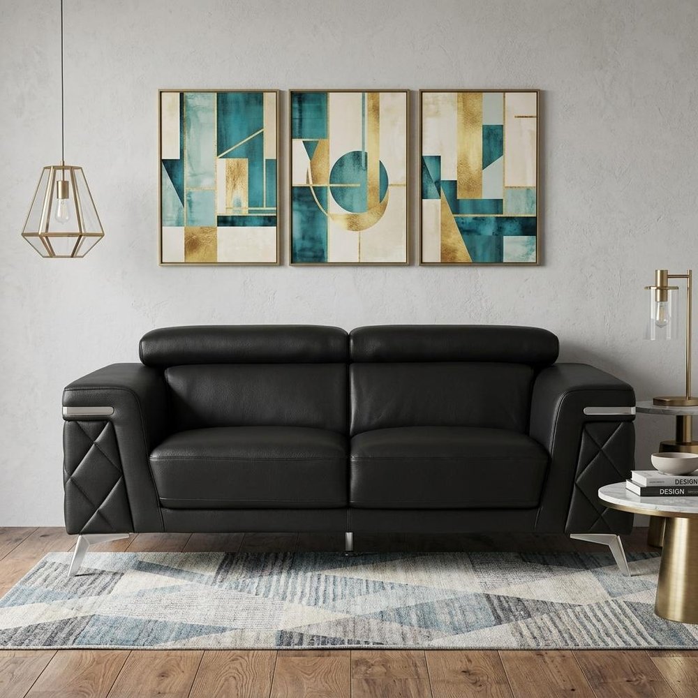 70" Black And Silver Metallic Top Grain Leather Loveseat