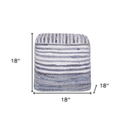 18" Blue and White Cotton Striped Cube Pouf Ottoman