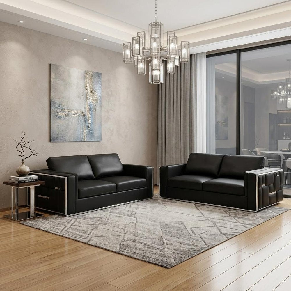 Two Piece Indoor Black Italian Leather Four Person Seating Set