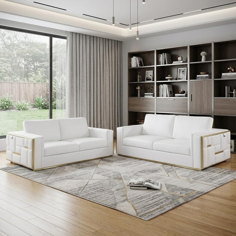 Two Piece White Italian Leather Five Person Seating Set