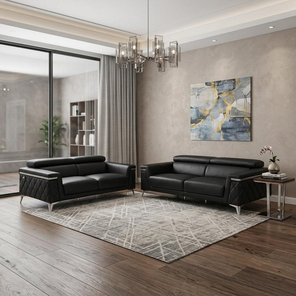 Two Piece Black Italian Leather Four Person Seating Set
