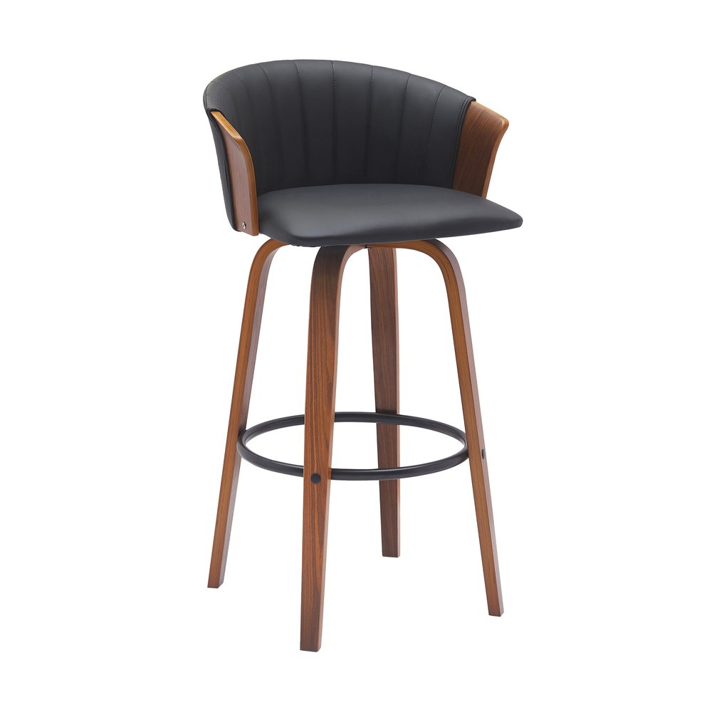 30" Black And Wood Brown Faux Leather Swivel Bar Height Bar Chair