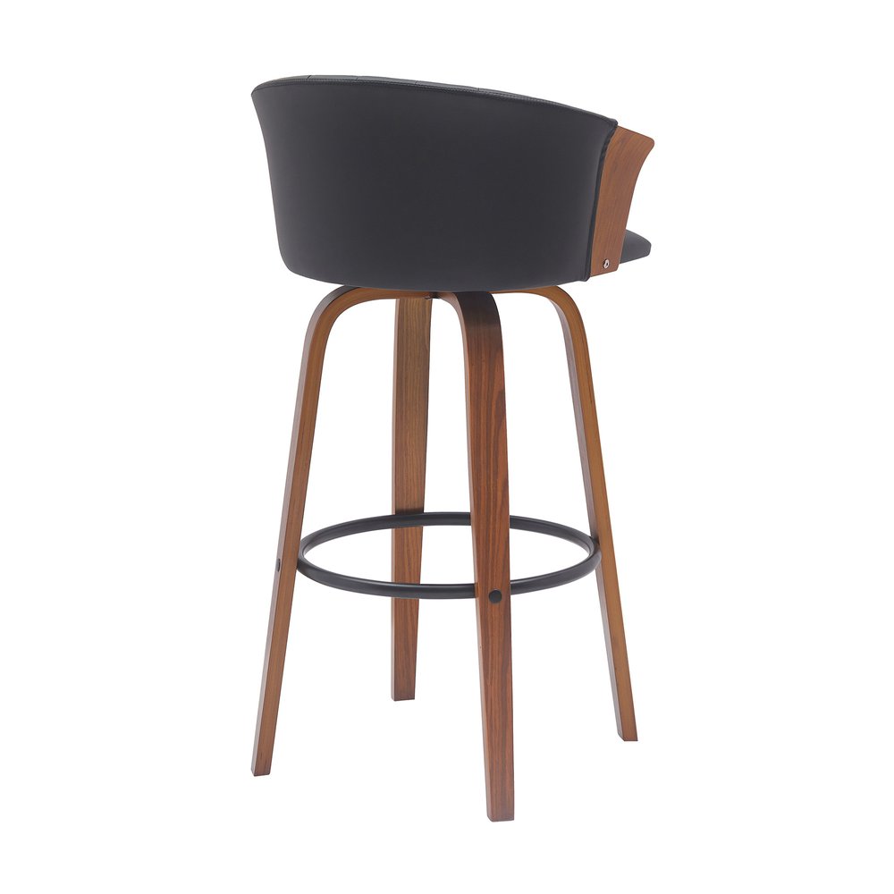 30" Black And Wood Brown Faux Leather Swivel Bar Height Bar Chair