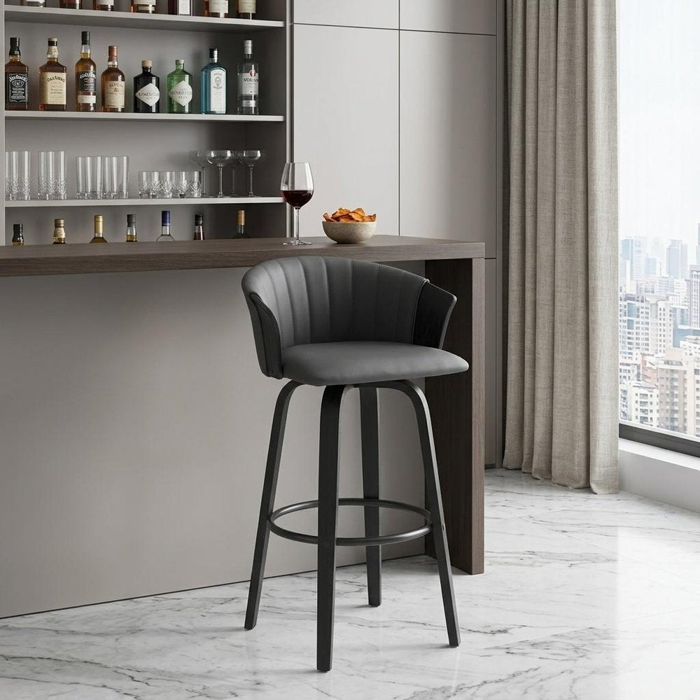 30" Gray And Black Faux Leather Swivel Bar Height Bar Chair