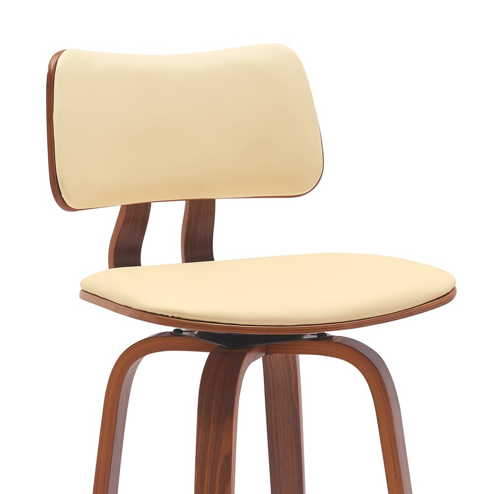 26" Cream And Wood Brown Faux Leather Swivel Low Back Counter Height Bar Chair