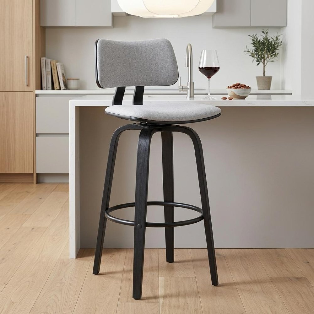 26" Light Gray And Black Fabric Swivel Low Back Counter Height Bar Chair