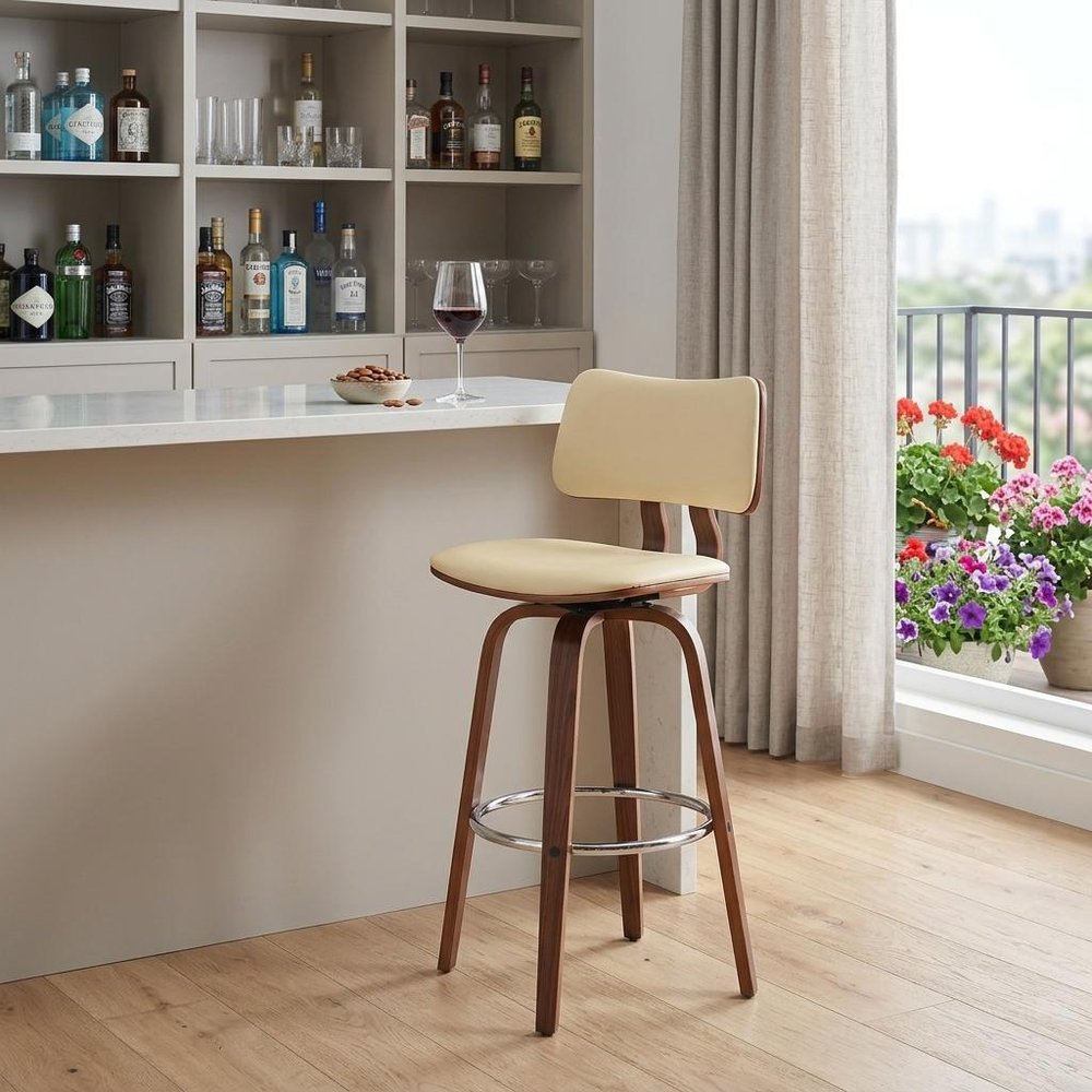 30" Cream And Wood Brown Faux Leather Swivel Low Back Bar Height Bar Chair
