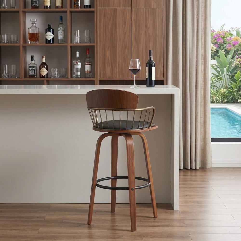 30" Gray And Wood Brown Faux Leather Swivel Low Back Bar Height Bar Chair