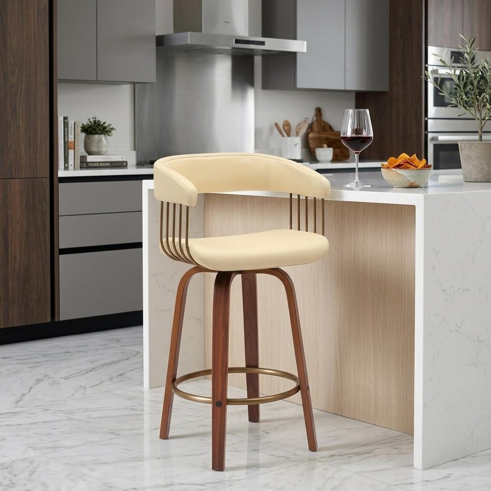 26" Cream And Wood Brown Faux Leather Swivel Counter Height Bar Chair