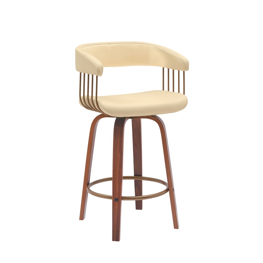 26" Cream And Wood Brown Faux Leather Swivel Counter Height Bar Chair