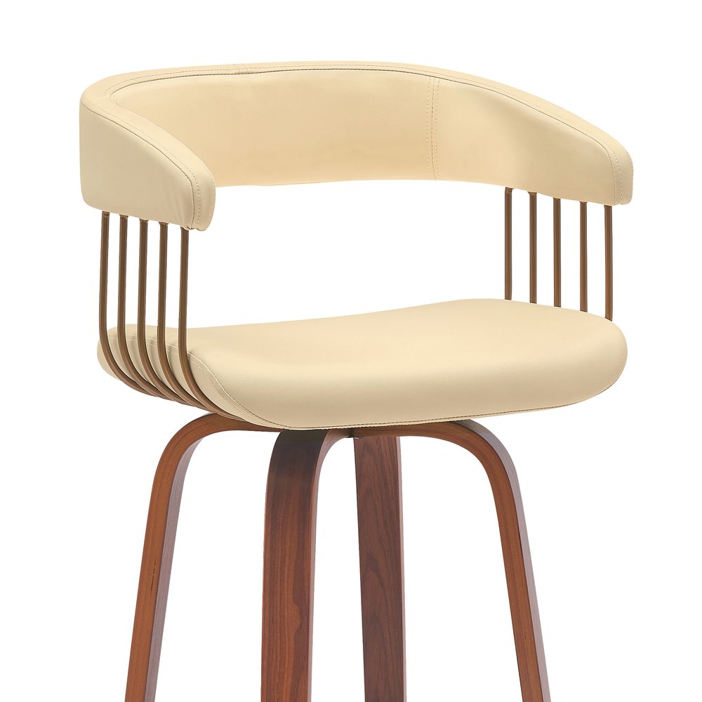 26" Cream And Wood Brown Faux Leather Swivel Counter Height Bar Chair
