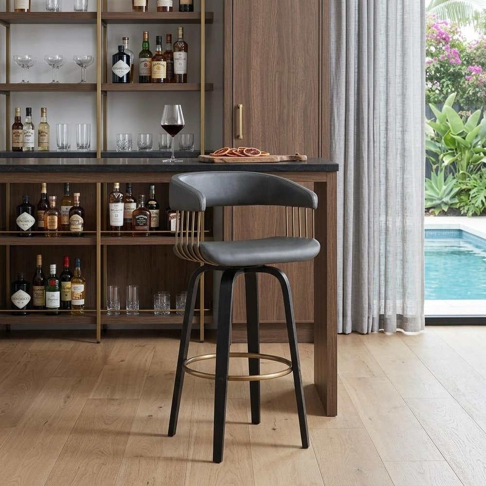 31" Gray And Black Faux Leather Swivel Bar Height Bar Chair
