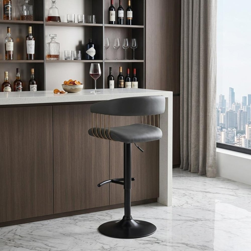 Black Faux Leather And Metal Swivel Adjustable Height Bar Chair