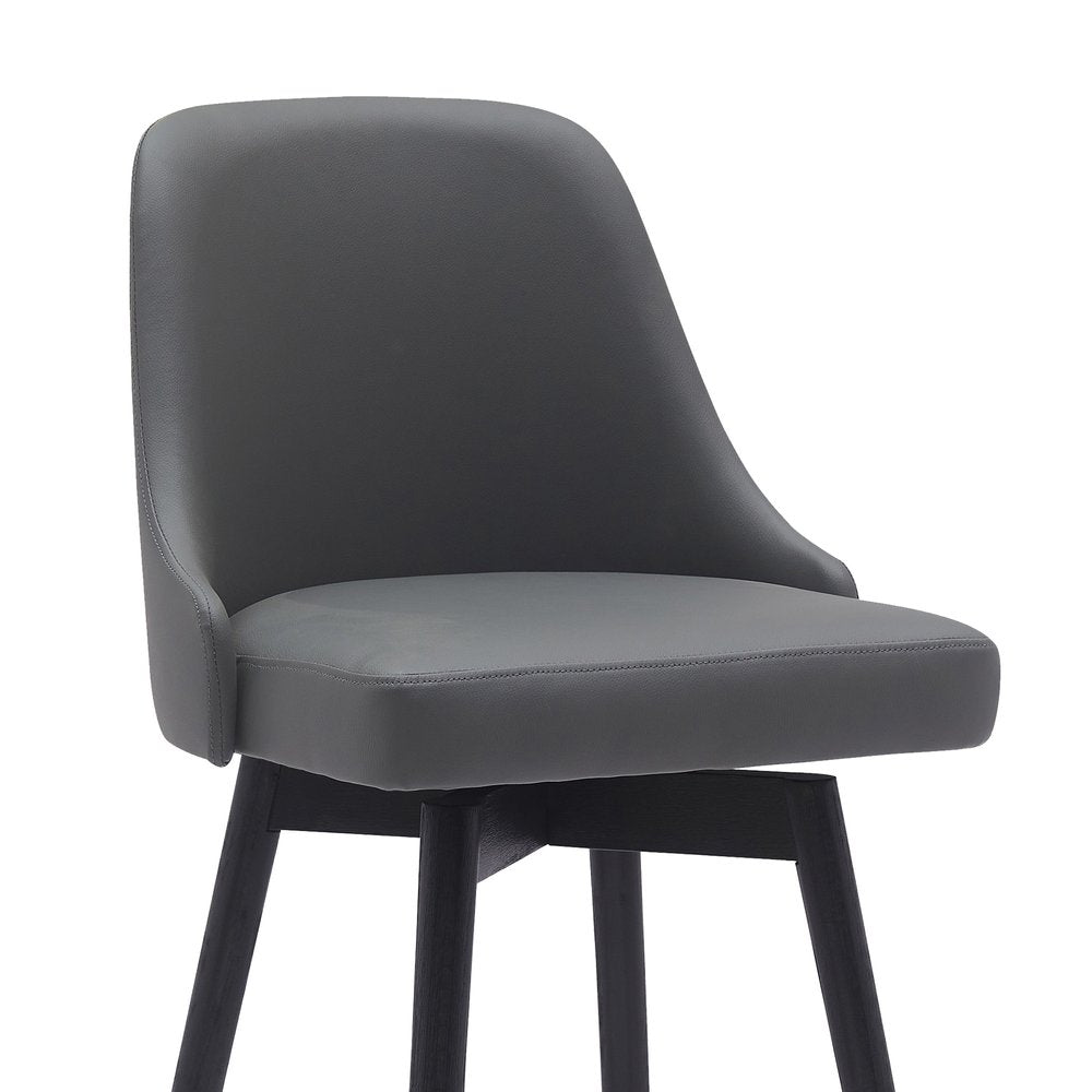 26" Gray and Black Faux Leather with Solid Wood Swivel Counter Height Bar Chair