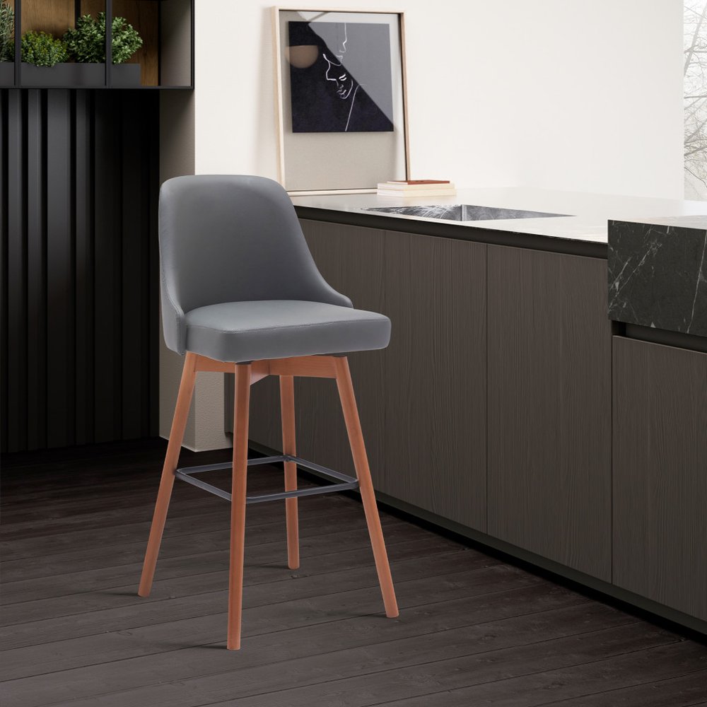26" Gray and Wood Brown Faux Leather with Solid Wood Swivel Counter Height Bar Chair