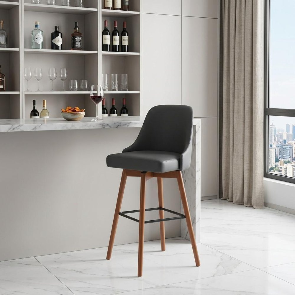 30" Gray and Wood Brown Faux Leather with Solid Wood Swivel Bar Height Bar Chair