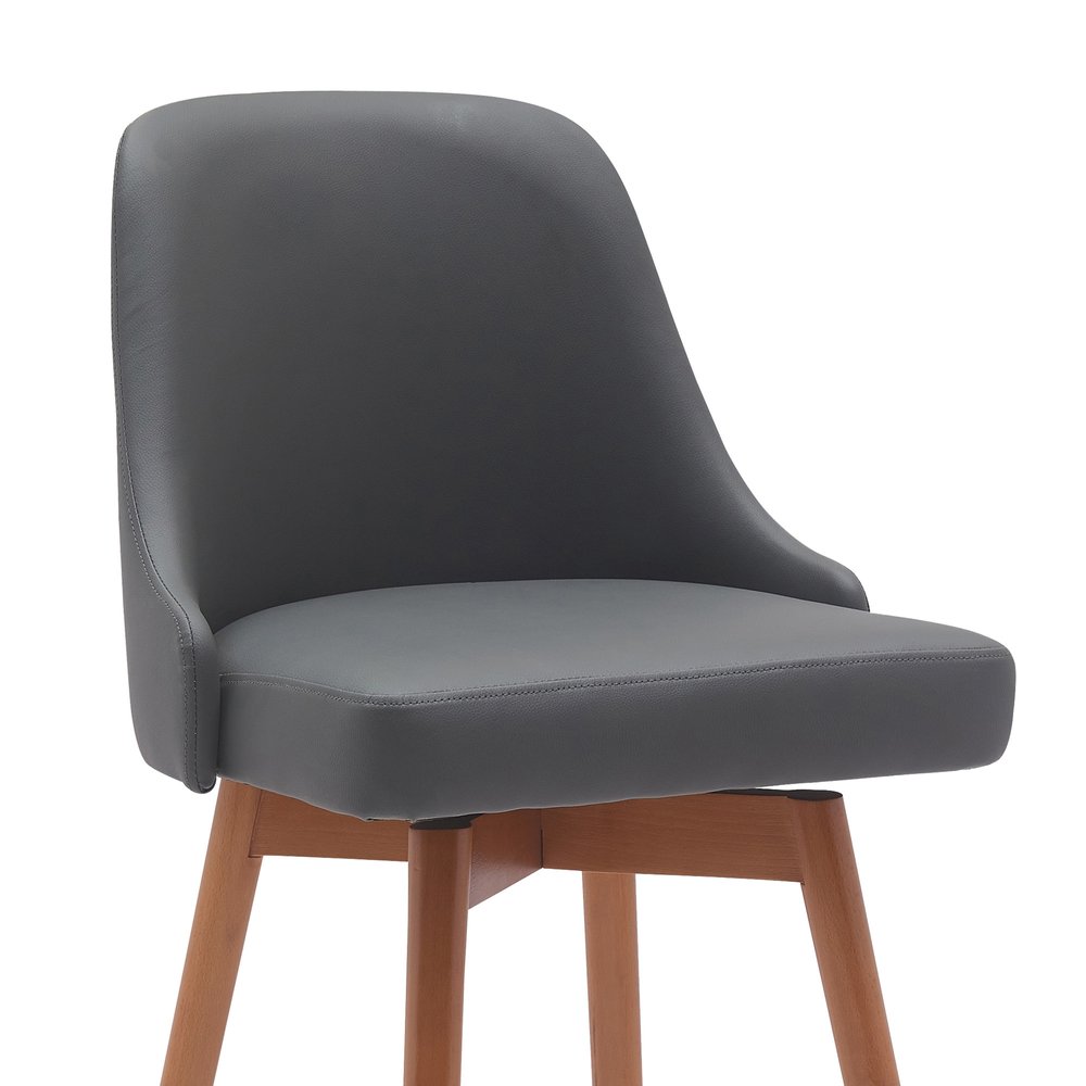 30" Gray and Wood Brown Faux Leather with Solid Wood Swivel Bar Height Bar Chair