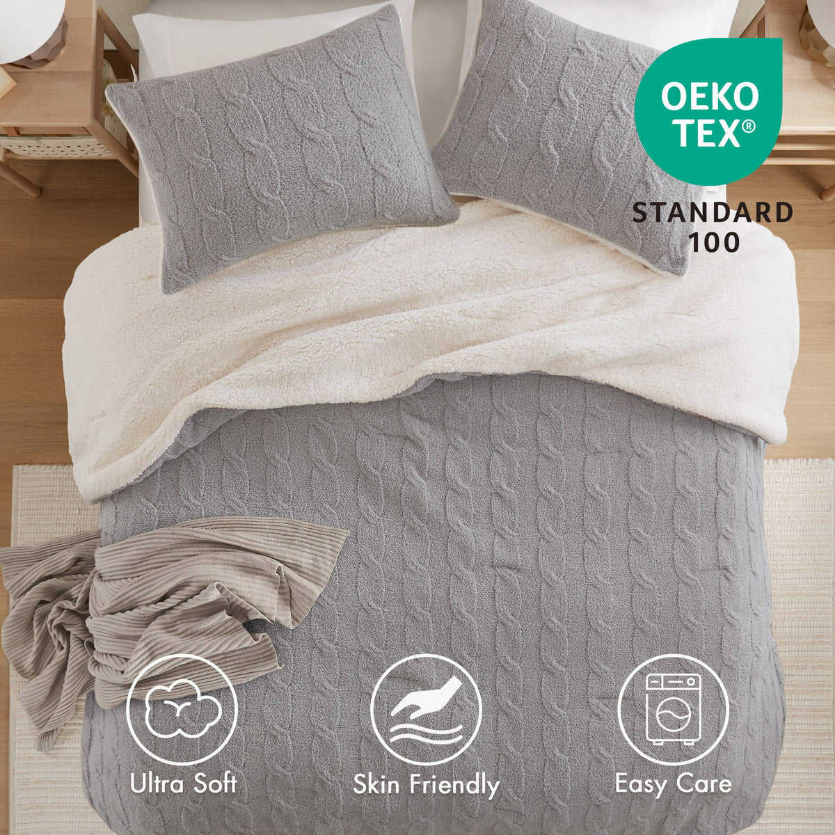 Riordan - Full/Queen Cable Knit Comforter Set - Gray