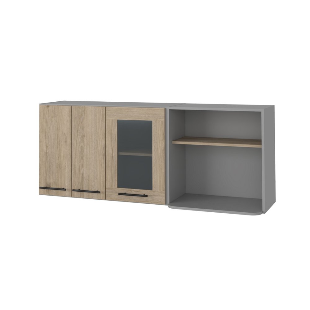 24" Gray and Natural Wood Wall Mounted Accent Cabinet With Three Doors