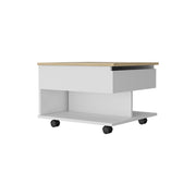22" Natural And White Wood Lift Top Coffee Table With Two Shelves
