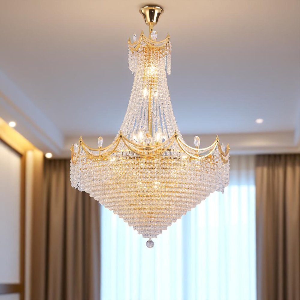 Clear And Gold Empire Multi Light Crystal and Metal Dimmable Chandelier