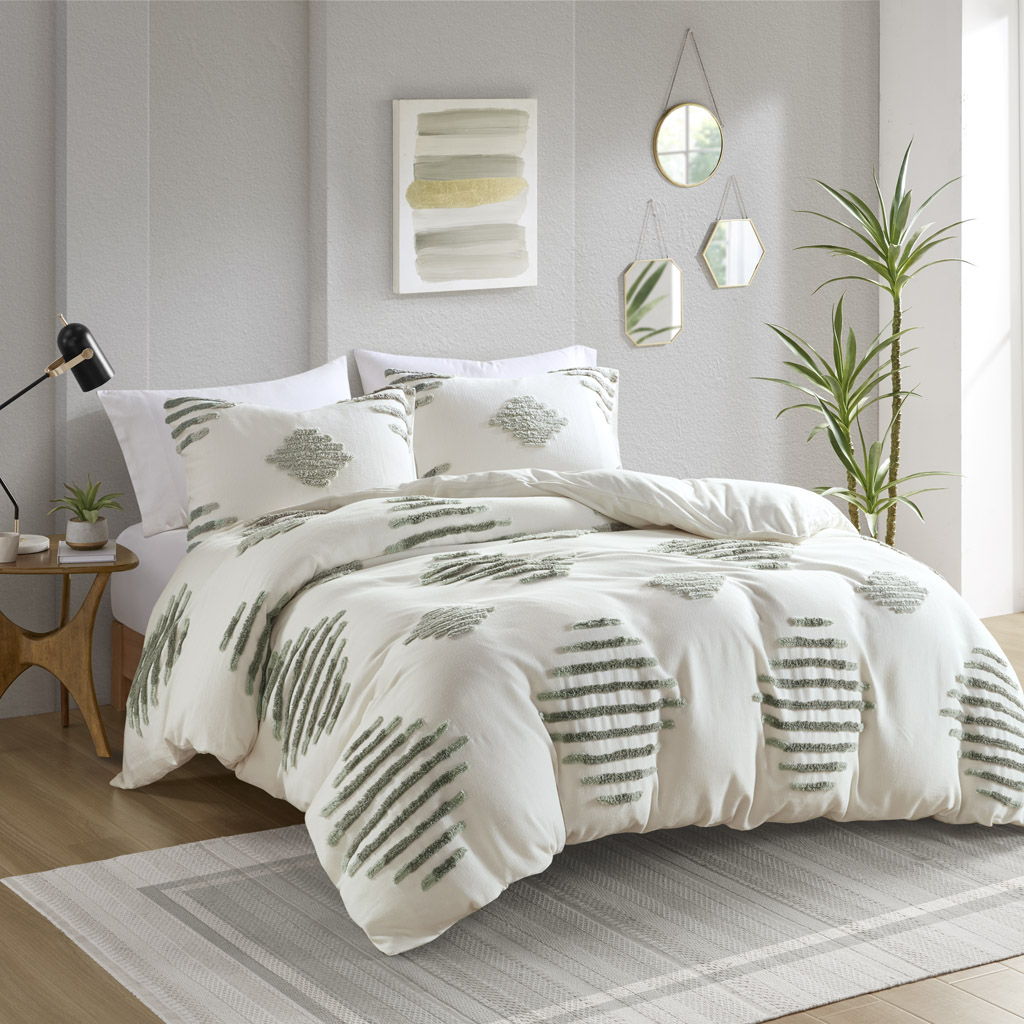 Tahli - 3 Piece Cotton Blend Chenille Duvet Cover Set - Green / Ivory