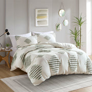 Tahli - 3 Piece Cotton Blend Chenille Duvet Cover Set - Green / Ivory