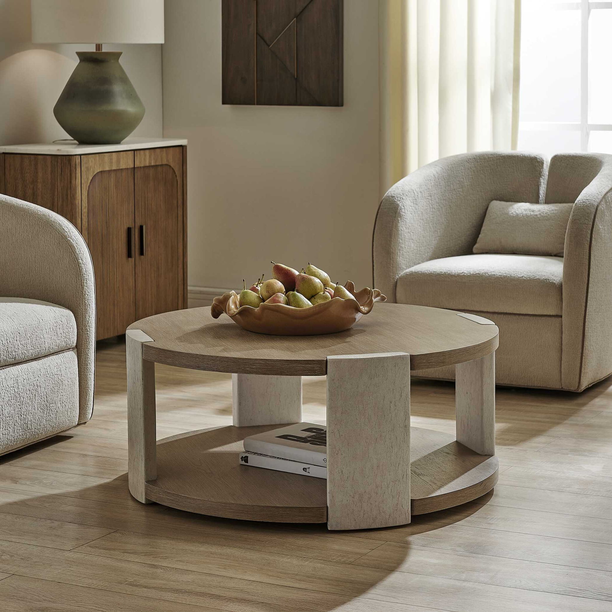 Maulet - Round Coffee Table - Off-White / Oak