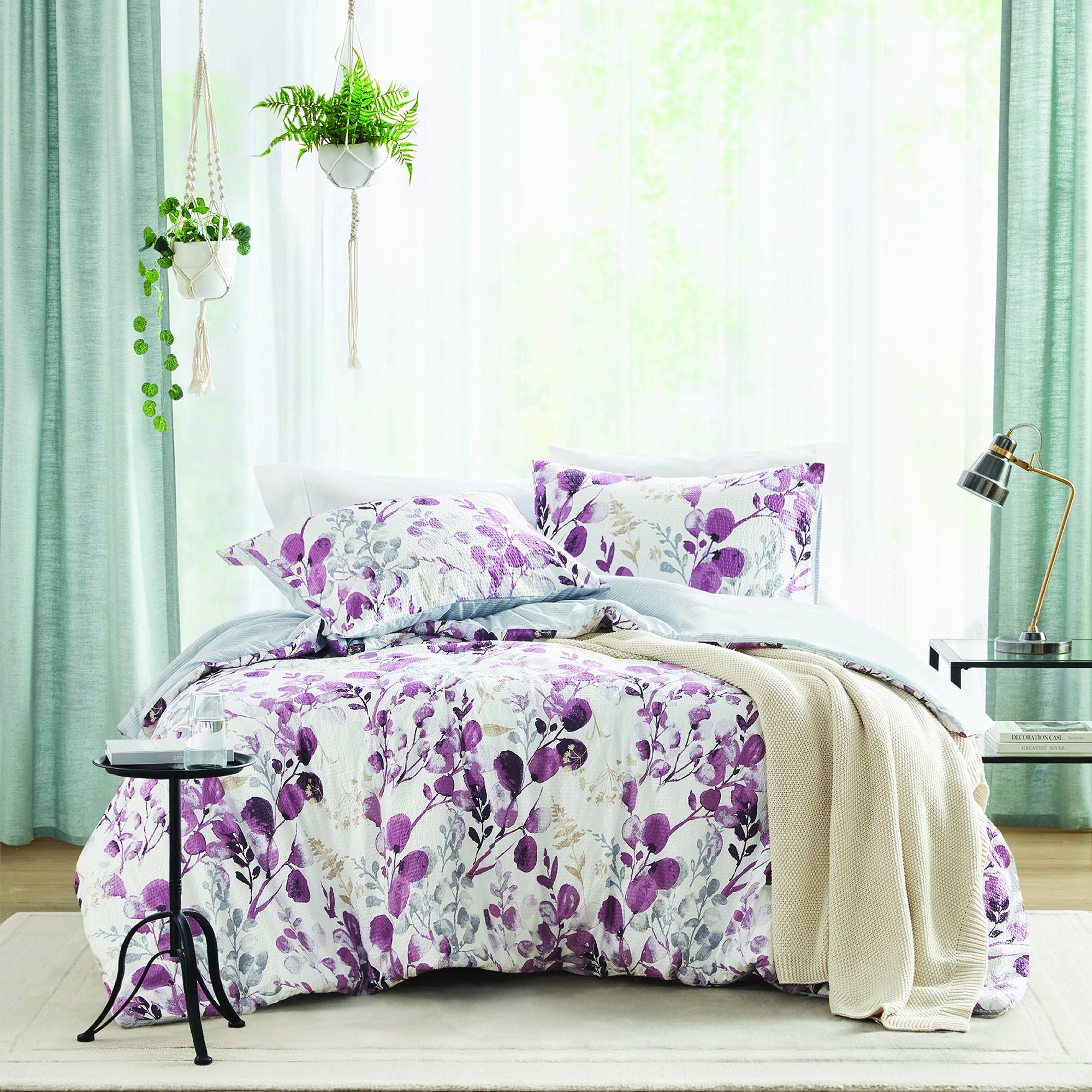 Gabby - Twin/Twin Long Reversible Floral Botanical Seersucker Comforter Set - Plum/Gray