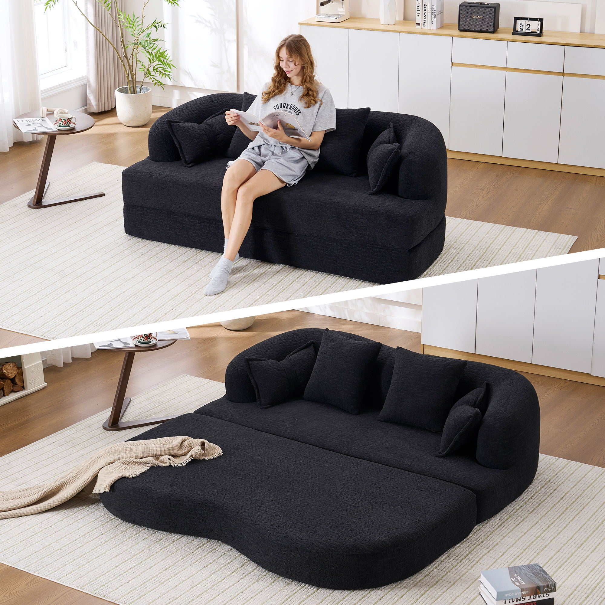 Foldable Sofa Bed, Boneless Couch Convertible Sleeper With 4 Pillows