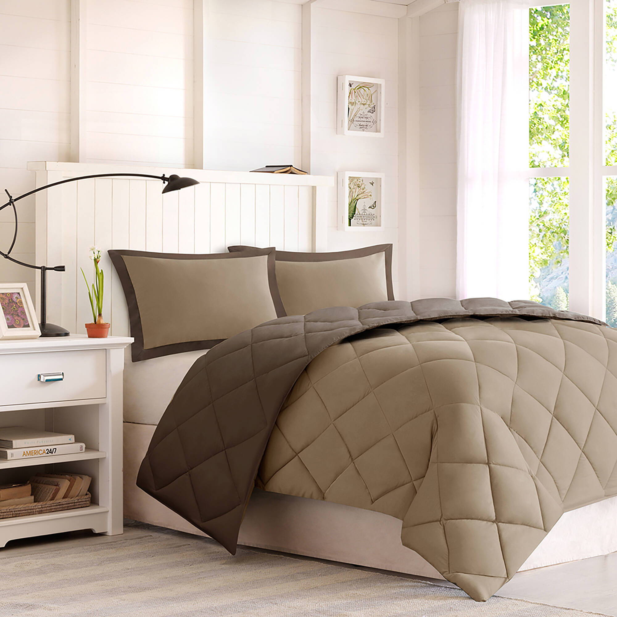 Larkspur - King 3M Scotchgard Diamond Quilting Reversible Down Alternative Comforter Set - Brown / Sand