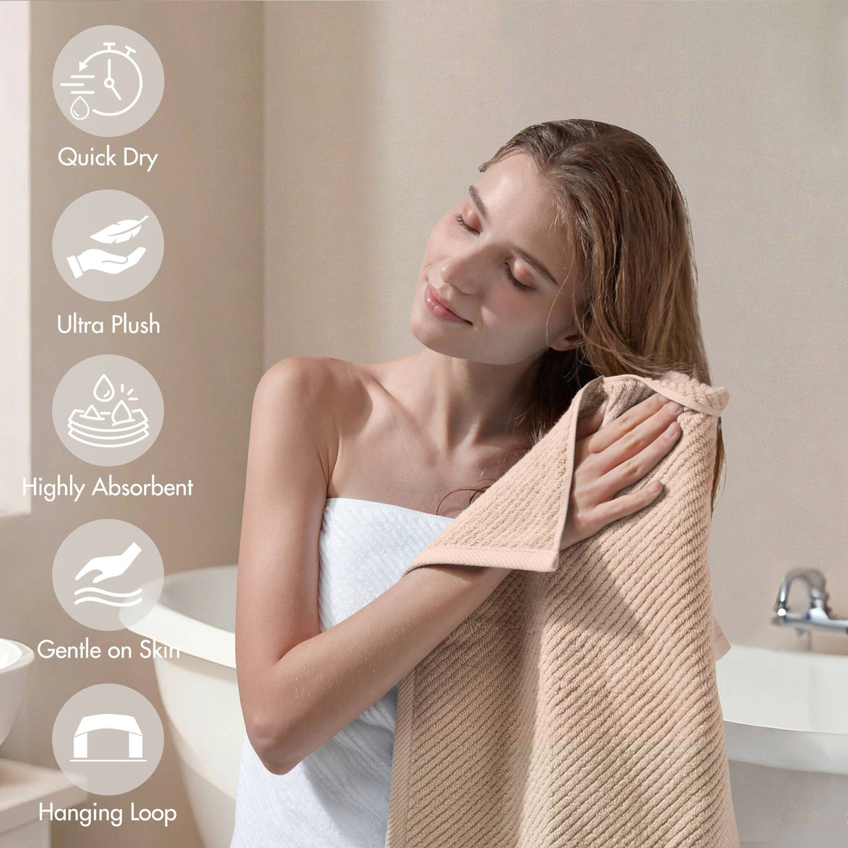 Diagonal Ribbed - 4 Piece Bath Towels Set - Beige