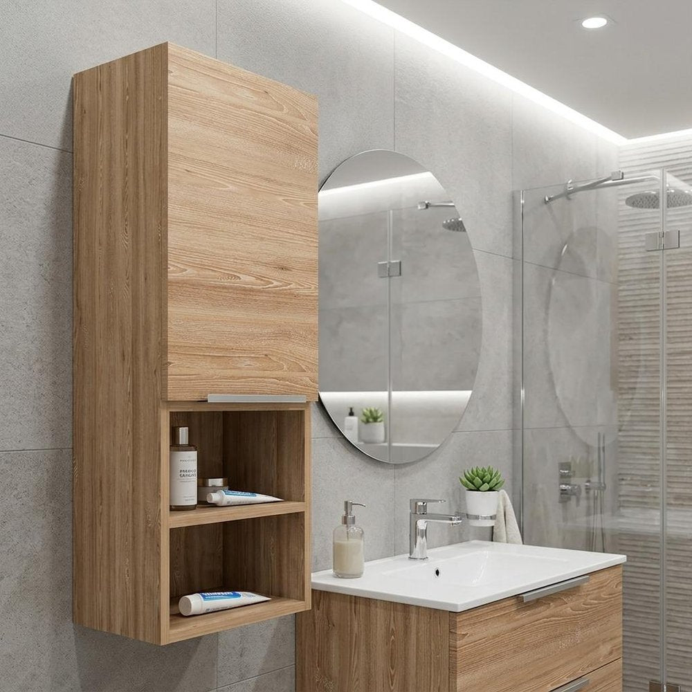 12" Natural Wood Floating Single Door Bathroom Vanity And Medicine Cabinet