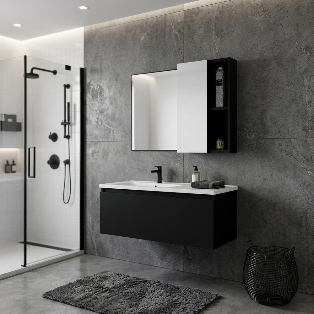 18" Black Wood Floating Single Door Bathroom Vanity And Medicine Cabinet