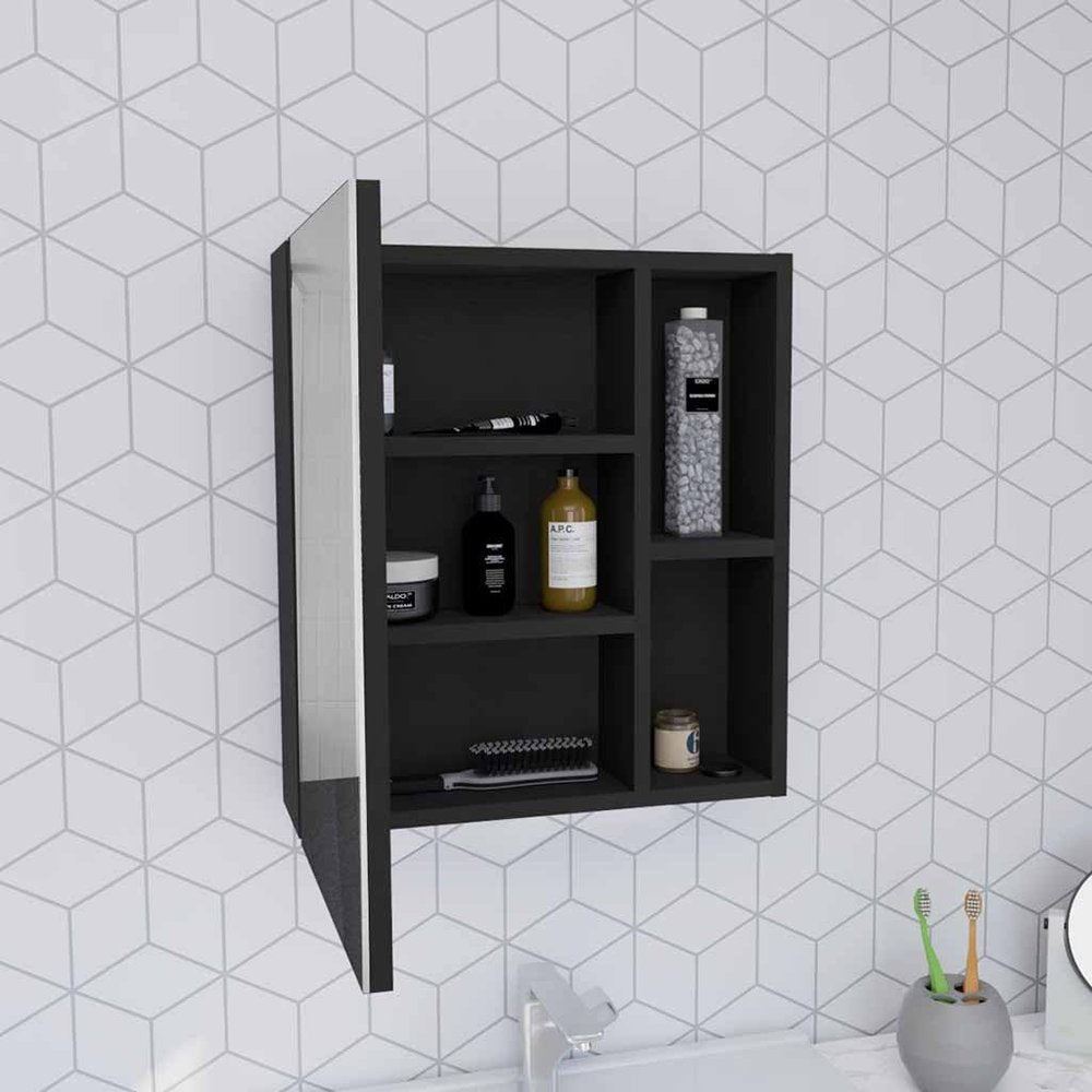 18" Black Wood Floating Single Door Bathroom Vanity And Medicine Cabinet