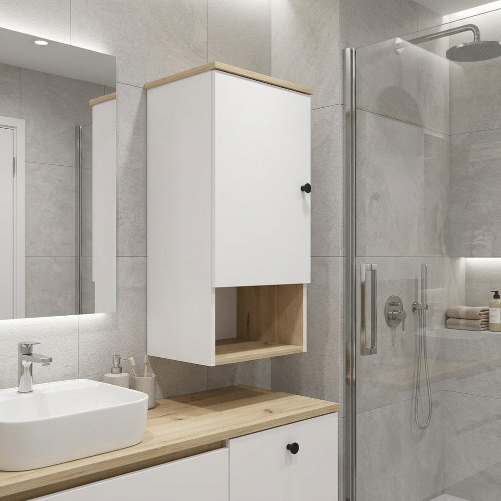 16" Natural Wood Floating Single Door Bathroom Vanity And Medicine Cabinet