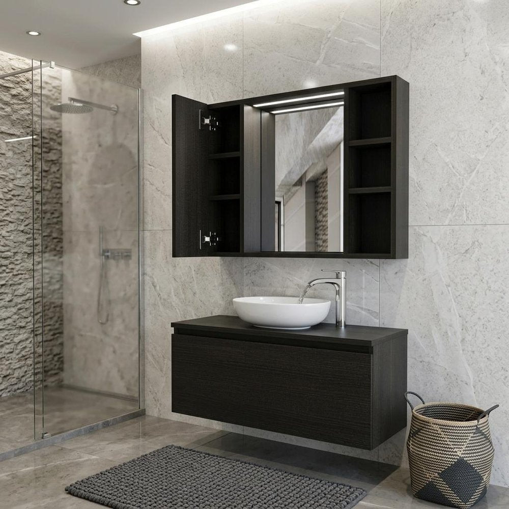 24" Black Wood Wall Mounted Double Door Medicine Cabinet