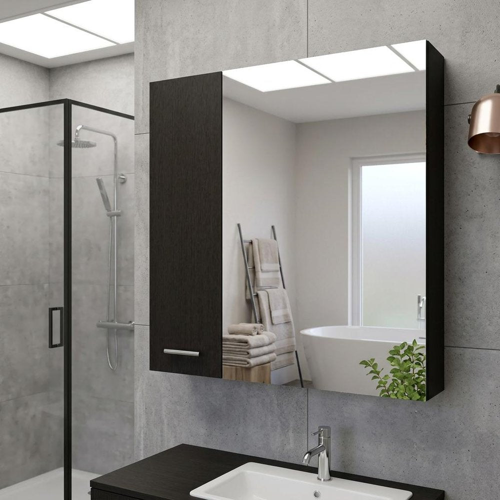 24" Black Wood Floating Single Door Bathroom Vanity And Medicine Cabinet With Mirror