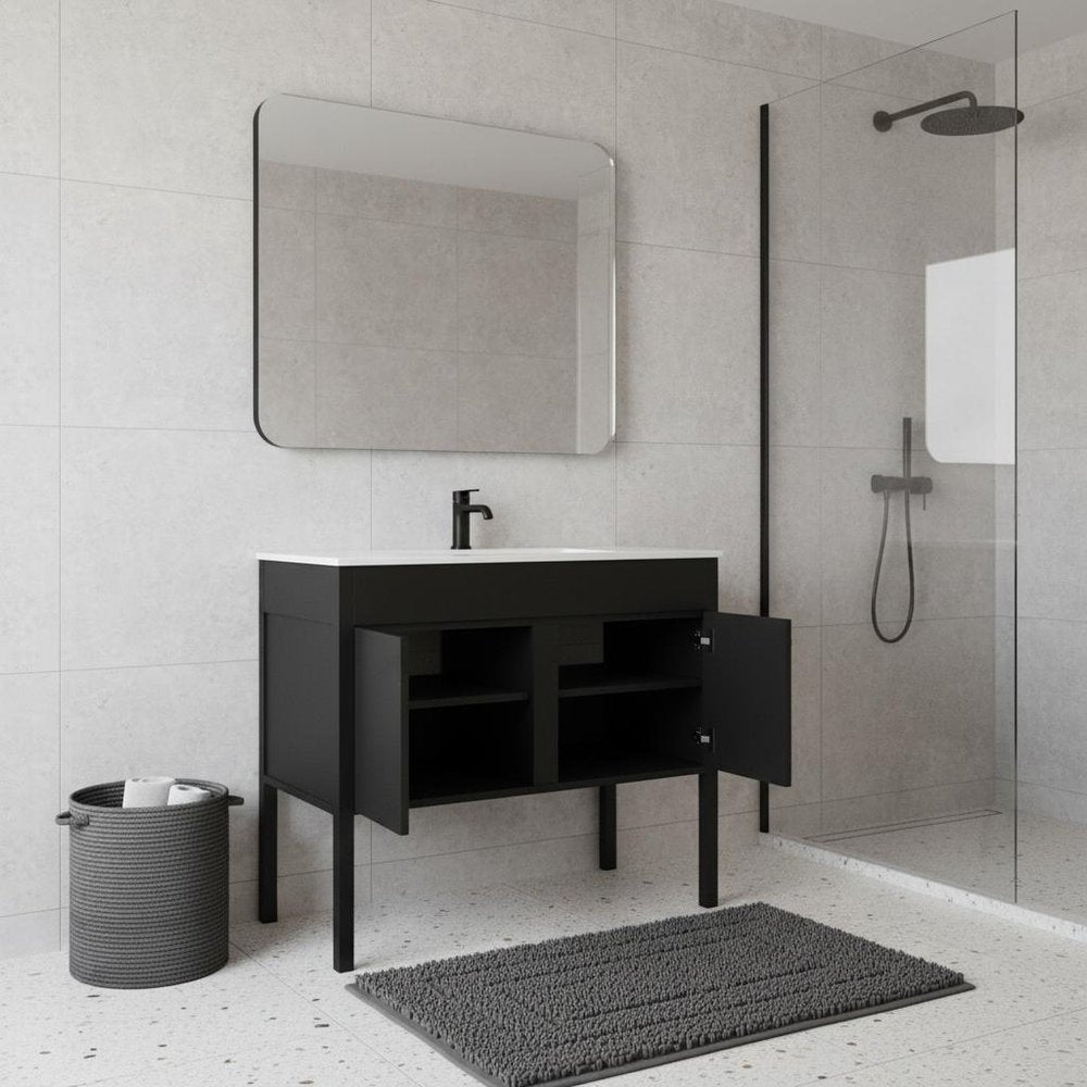 25" Black Wood Recessed Double Door Over-the-Toilet Storage